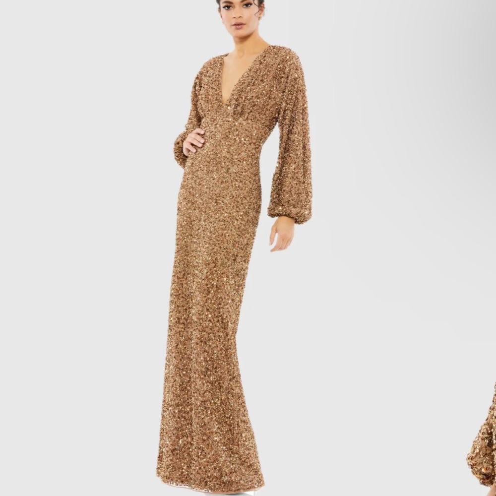 Mac Duggal Gold Sequin V-Neck Maxi Gown